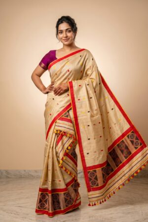 Cream Tribal Butta Mekhela Chador with Tassel Pallu