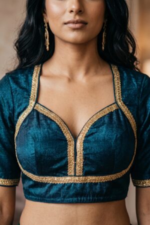 Peacock Teal Gold Trim Open-Back Silk Blouse