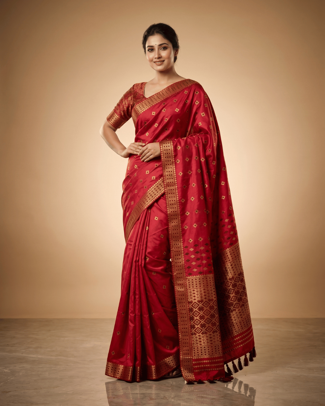 Deep Red Gold Diamond Zari Silk Saree - Image 6