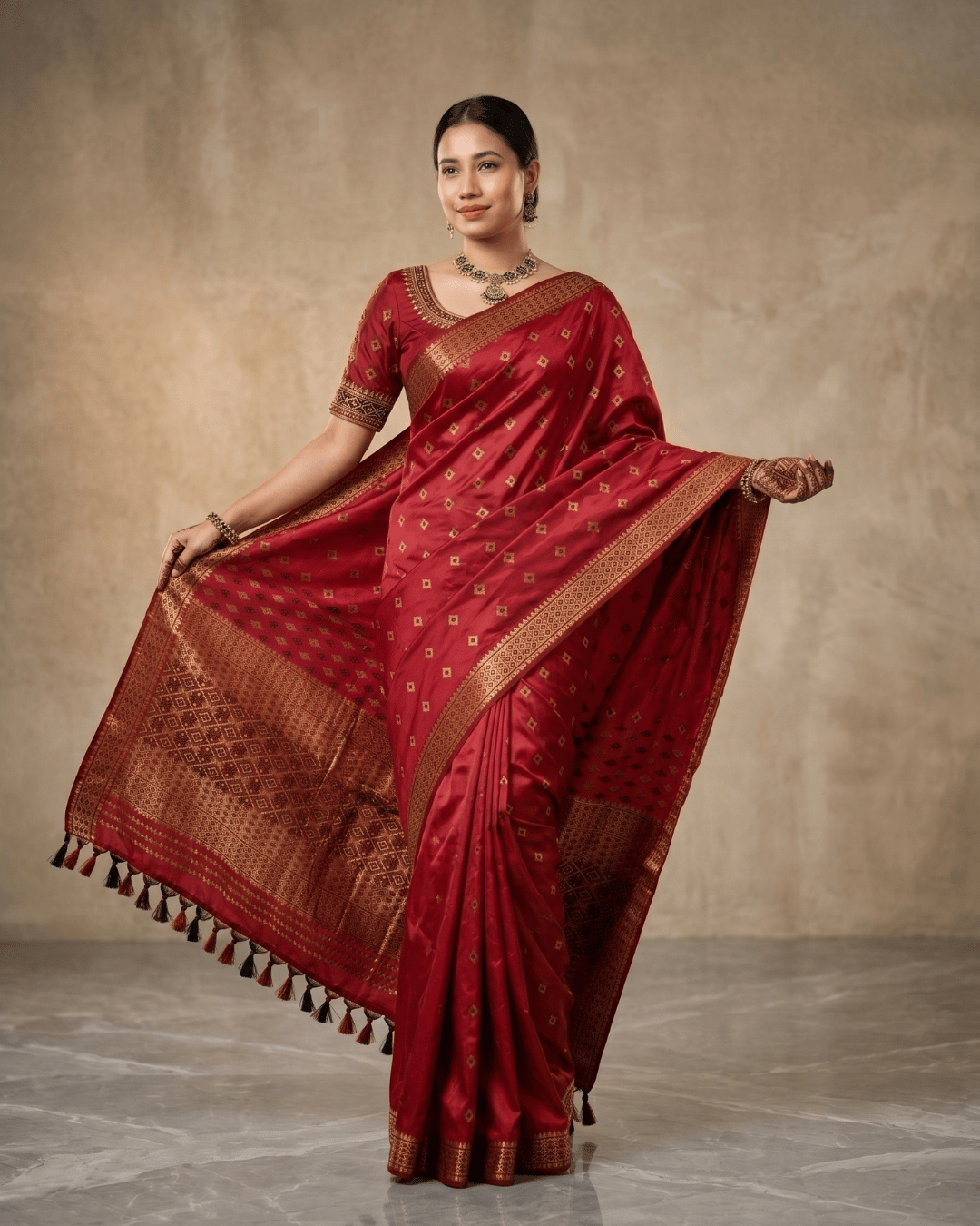 Deep Red Gold Diamond Zari Silk Saree - Image 5