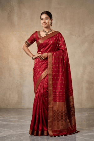 Deep Red Gold Diamond Zari Silk Saree