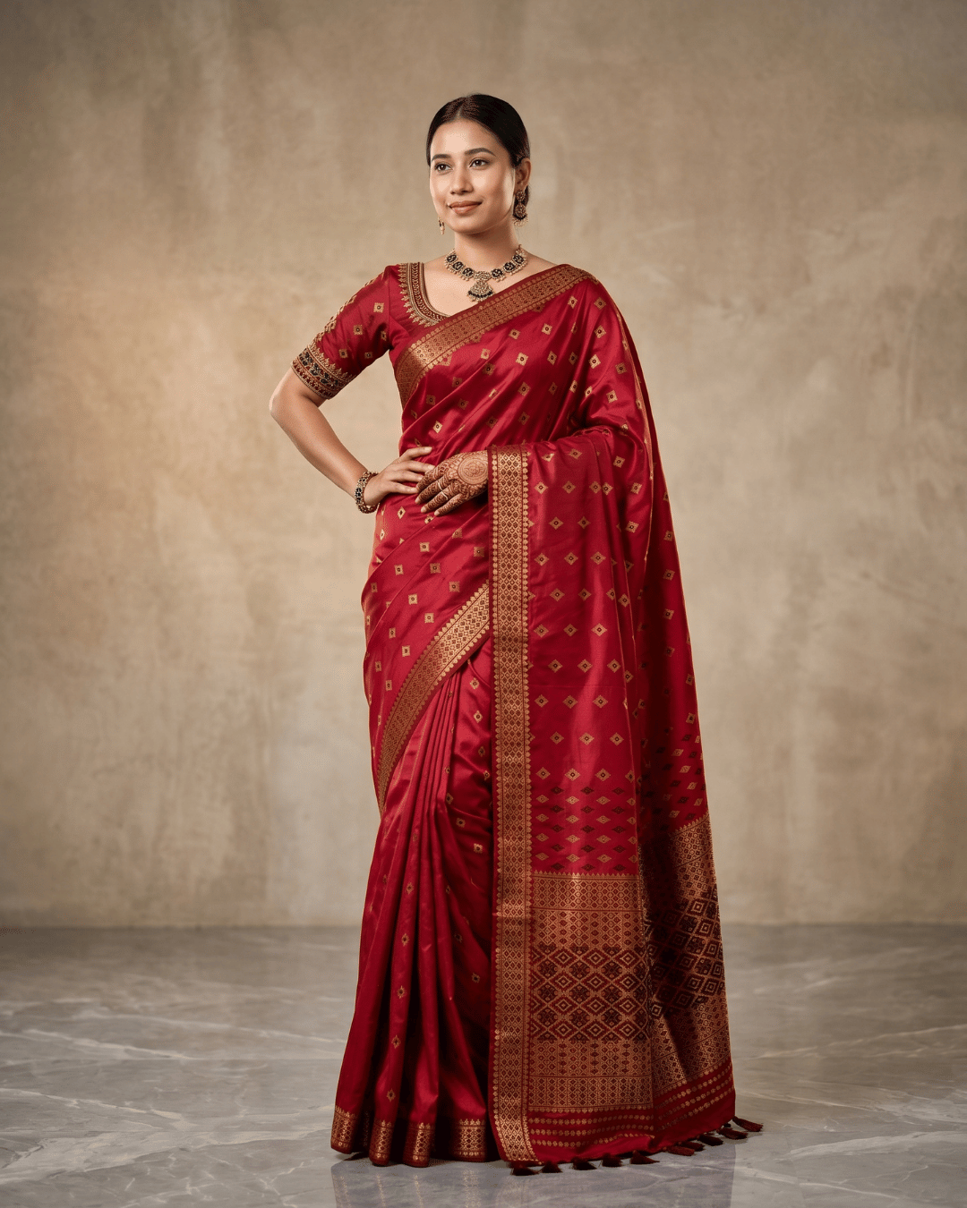 Deep Red Gold Diamond Zari Silk Saree