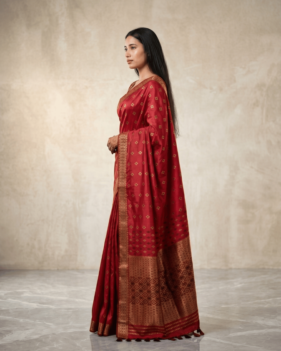 Deep Red Gold Diamond Zari Silk Saree - Image 4