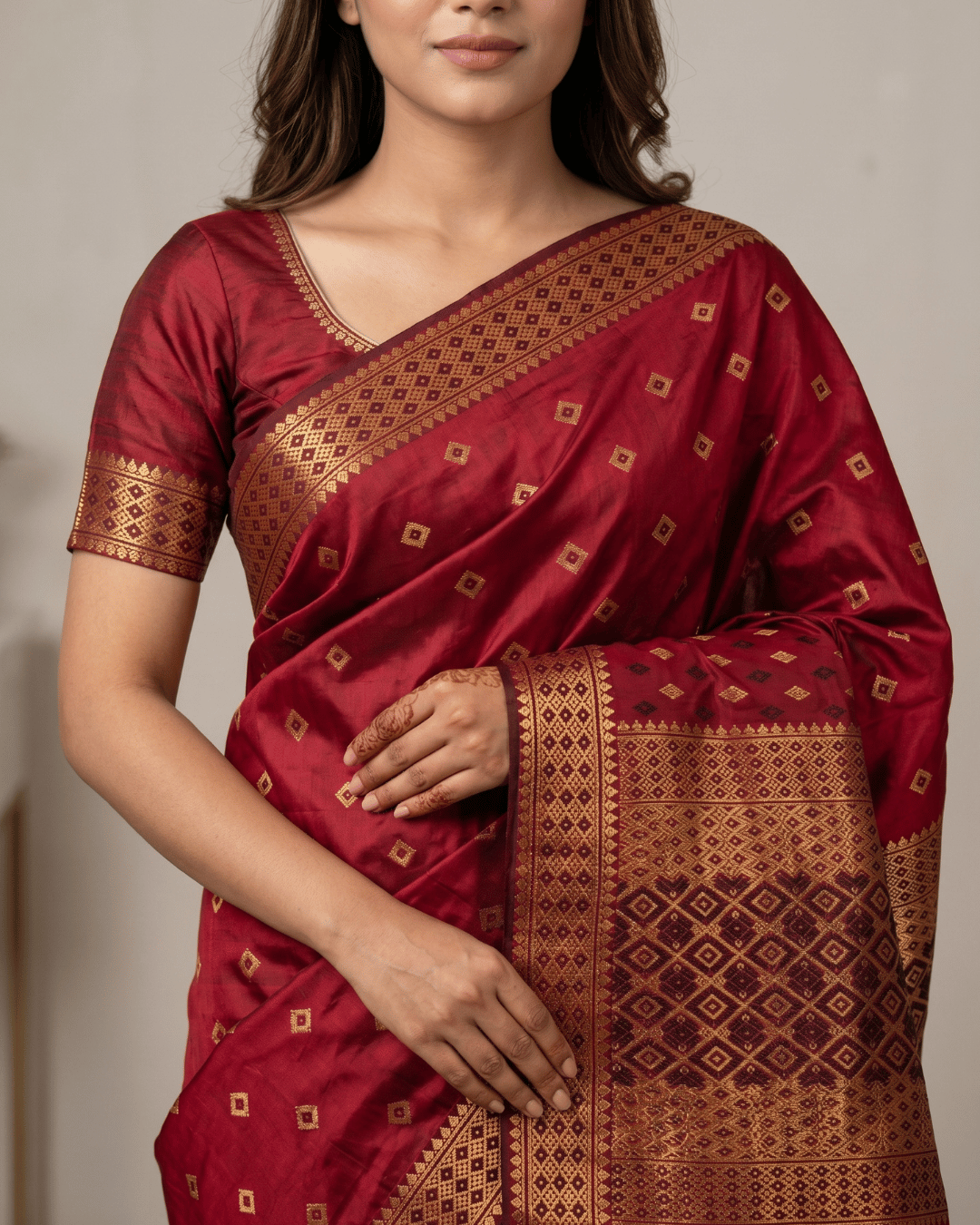 Deep Red Gold Diamond Zari Silk Saree - Image 3