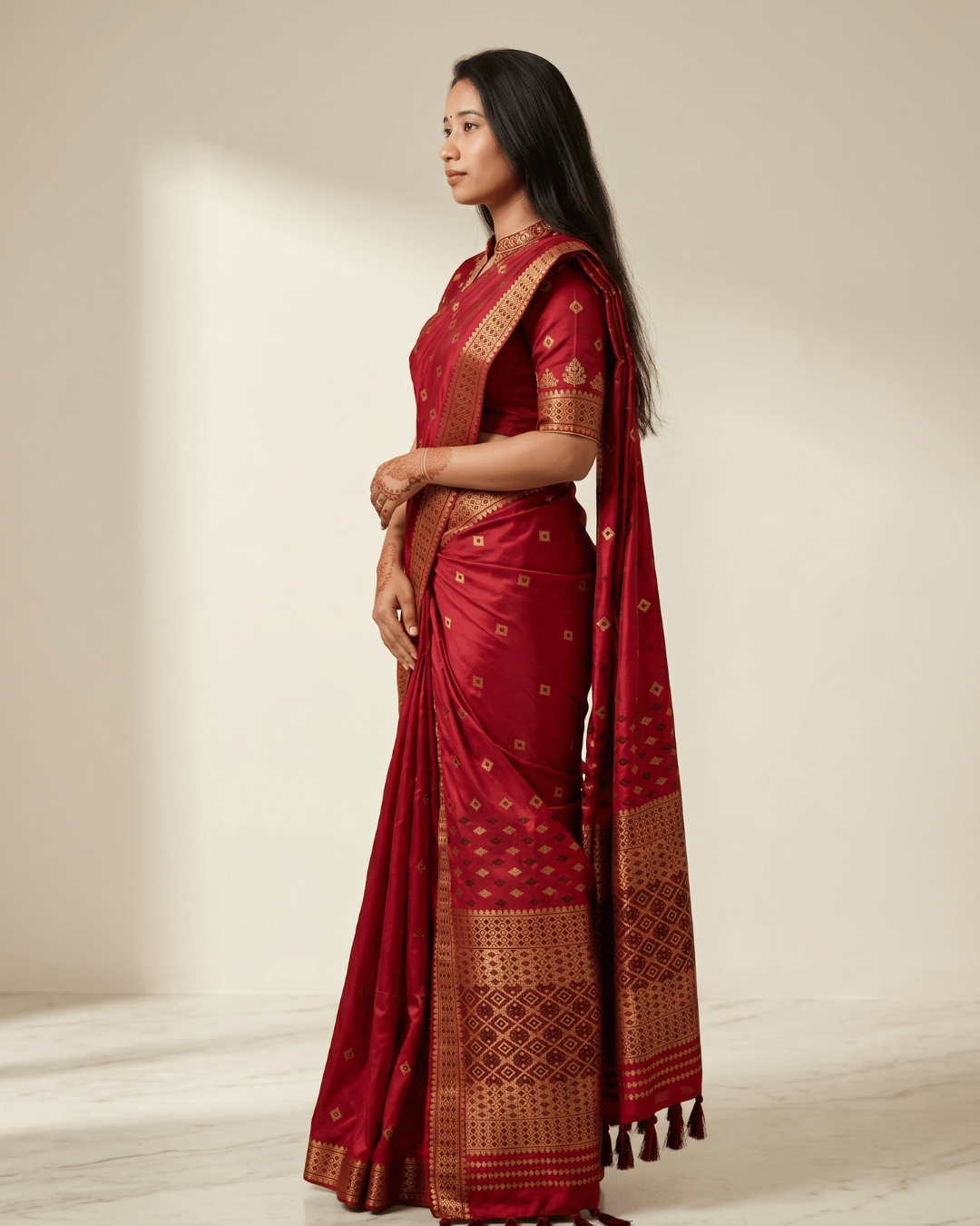 Deep Red Gold Diamond Zari Silk Saree - Image 2