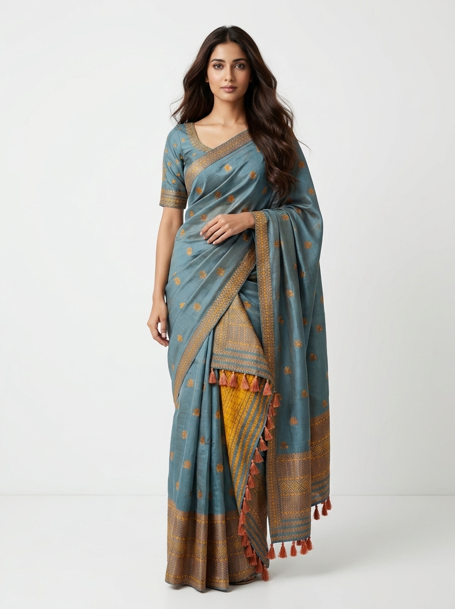 Steel Blue Gold Butta Silk Mekhela Chador - Image 5
