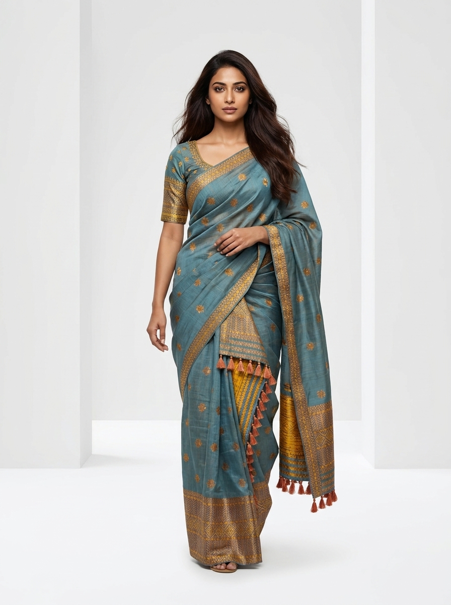 Steel Blue Gold Butta Silk Mekhela Chador - Image 4