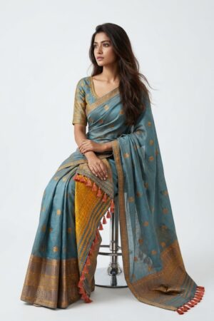 Steel Blue Gold Butta Silk Mekhela Chador