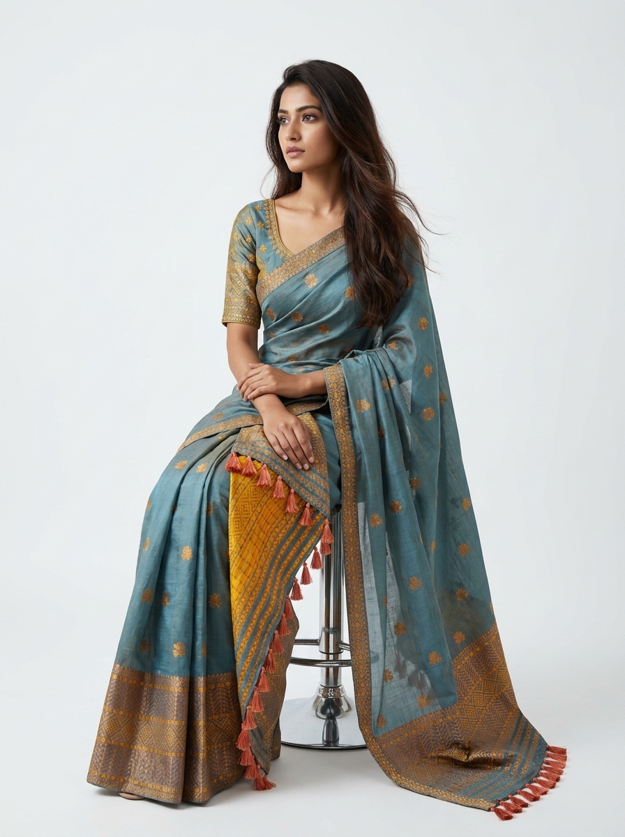 Steel Blue Gold Butta Silk Mekhela Chador