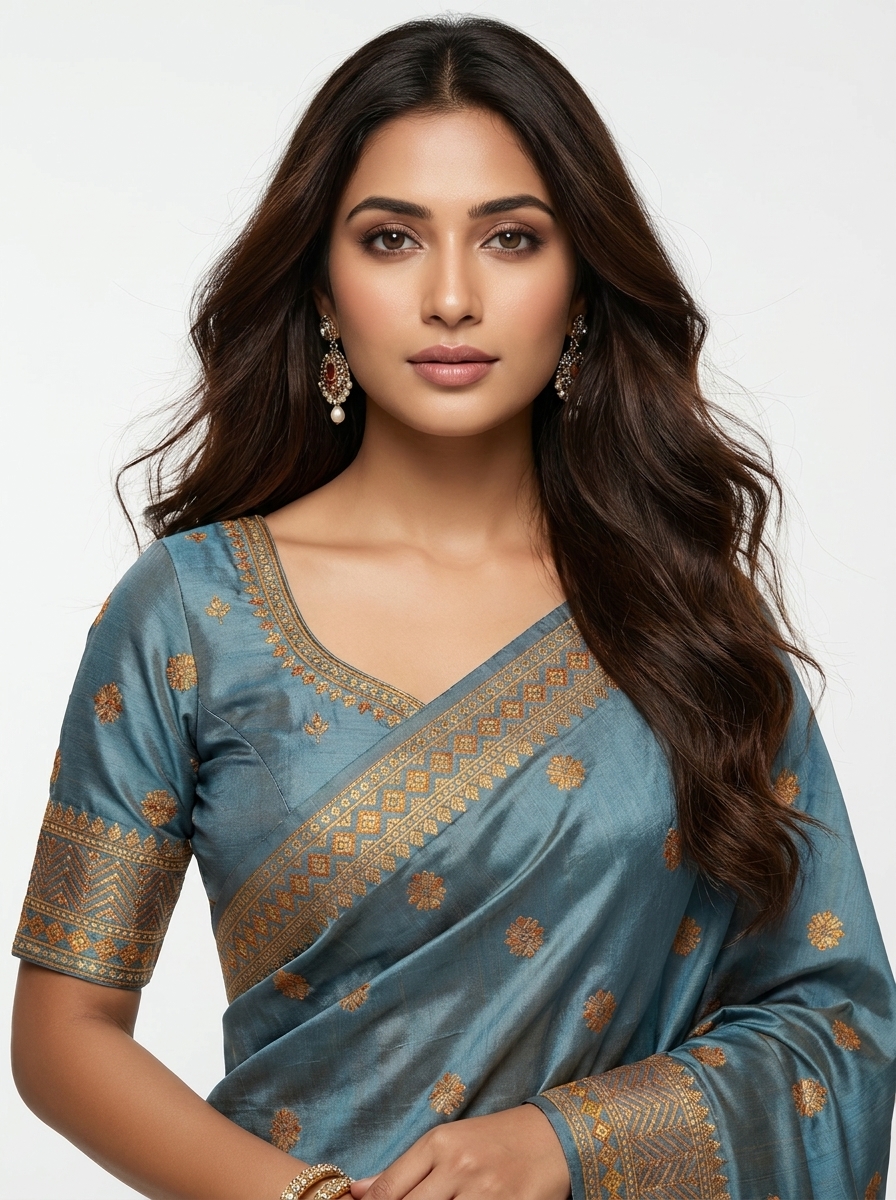 Steel Blue Gold Butta Silk Mekhela Chador - Image 3