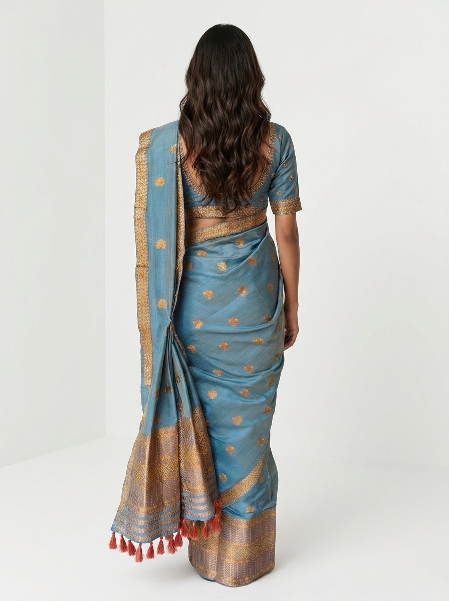 Steel Blue Gold Butta Silk Mekhela Chador - Image 2