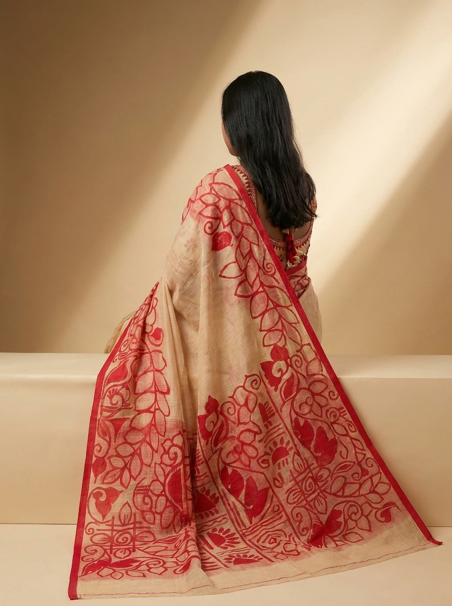 Beige & Red Bold Floral Block Print Linen Saree - Image 4