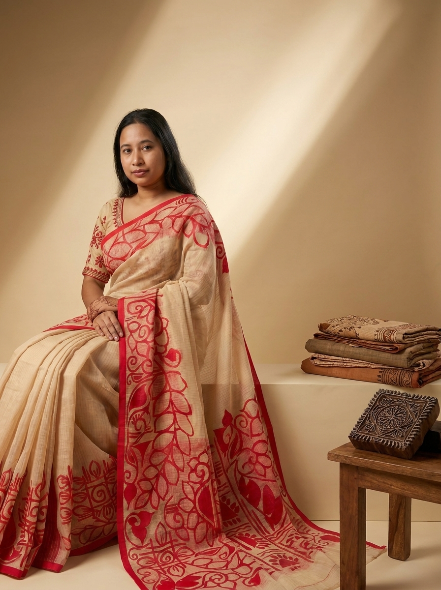 Beige & Red Bold Floral Block Print Linen Saree - Image 2