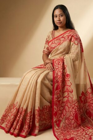 Beige & Red Bold Floral Block Print Linen Saree