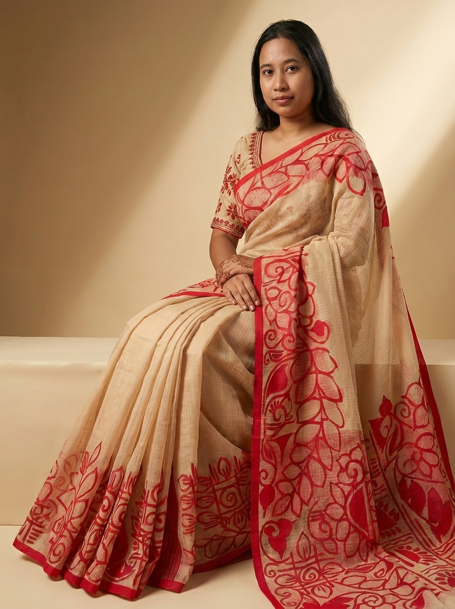 Beige & Red Bold Floral Block Print Linen Saree