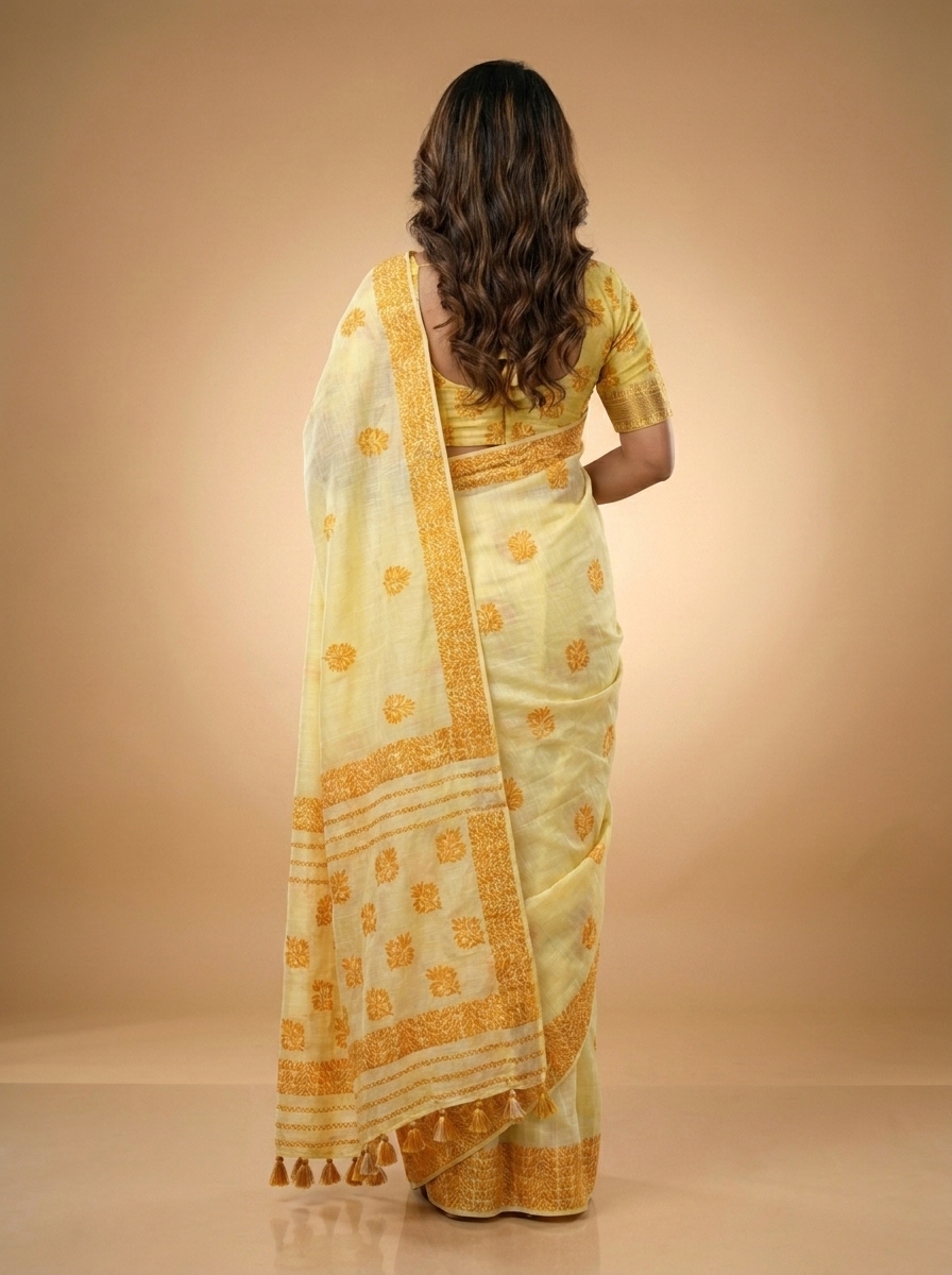 Lemon Yellow Marigold Block Print Linen Saree - Image 4