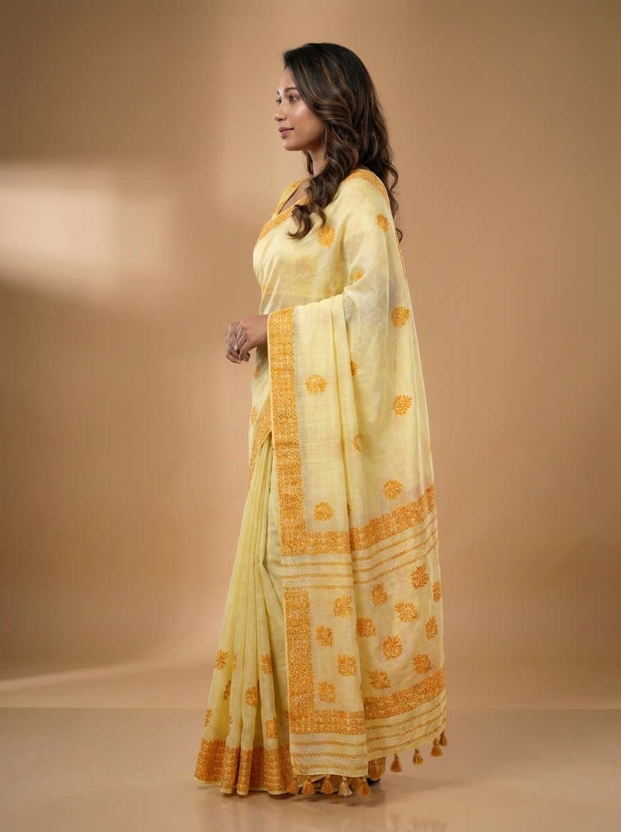 Lemon Yellow Marigold Block Print Linen Saree - Image 5