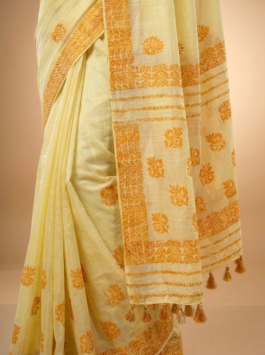 Lemon Yellow Marigold Block Print Linen Saree - Image 6