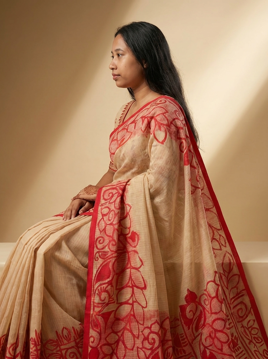 Beige & Red Bold Floral Block Print Linen Saree - Image 3