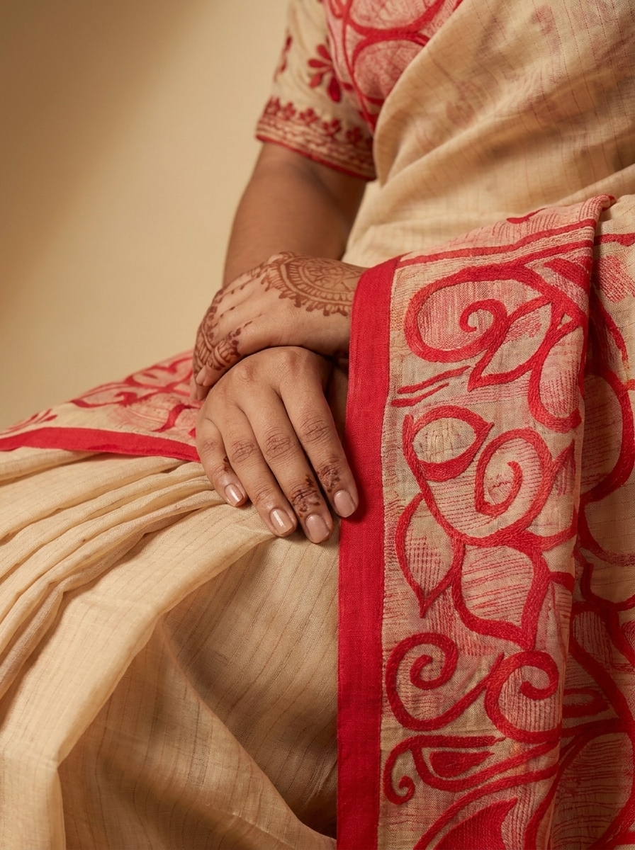 Beige & Red Bold Floral Block Print Linen Saree - Image 5