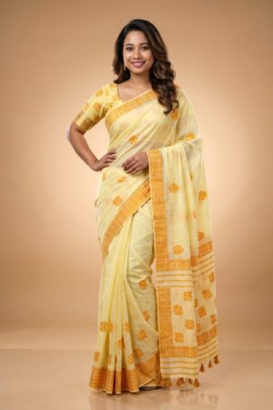 Lemon Yellow Marigold Block Print Linen Saree