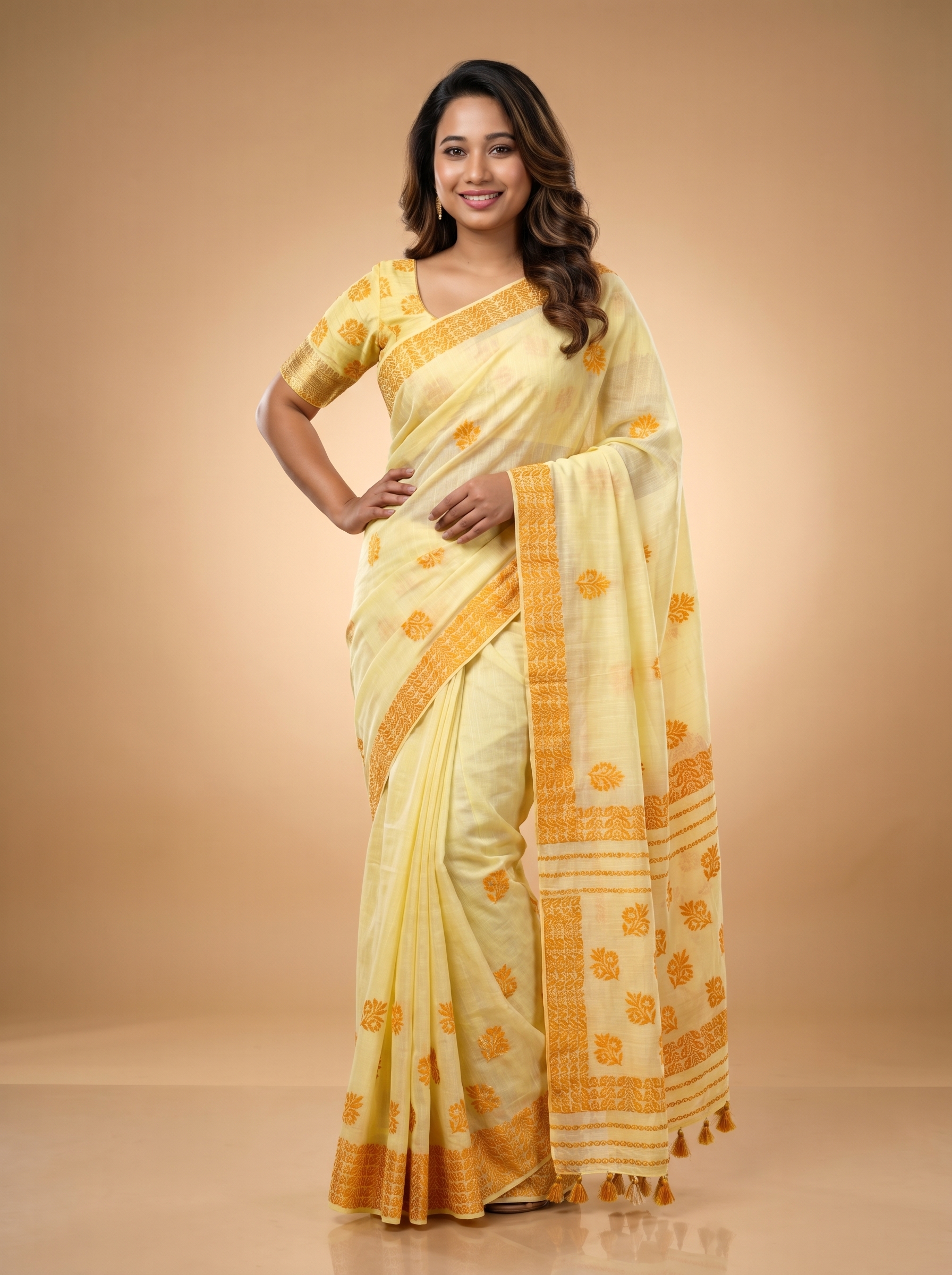 Lemon Yellow Marigold Block Print Linen Saree