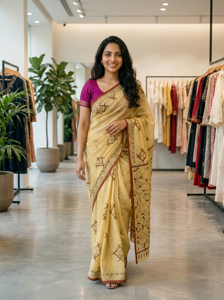 Butter Yellow Kantha Print Linen Saree - Image 2