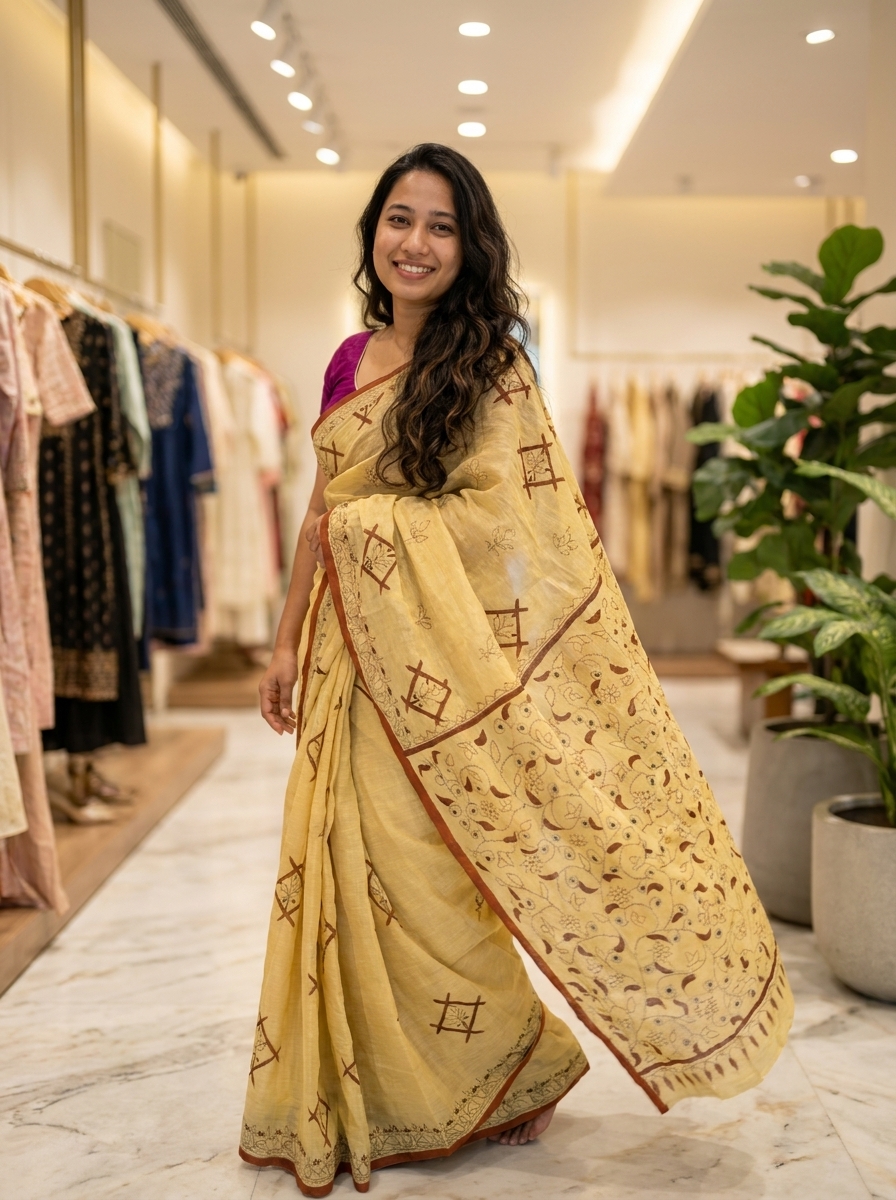 Butter Yellow Kantha Print Linen Saree - Image 3