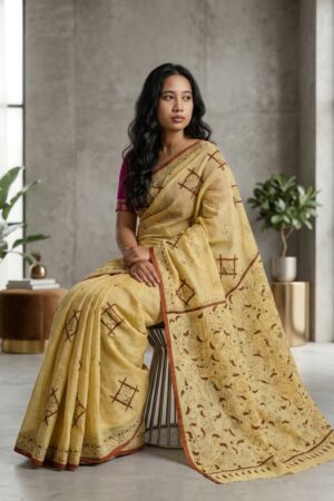 Butter Yellow Kantha Print Linen Saree
