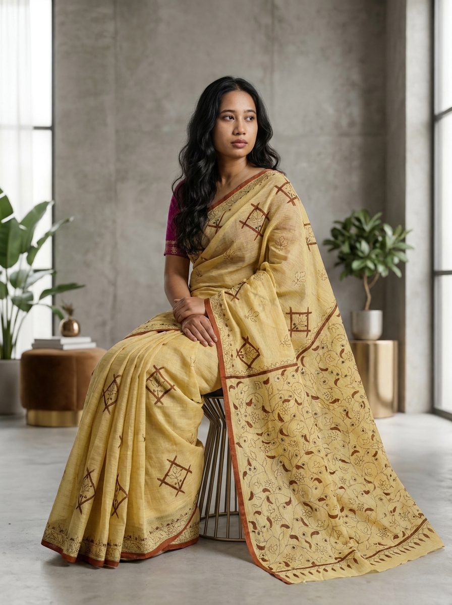 Butter Yellow Kantha Print Linen Saree