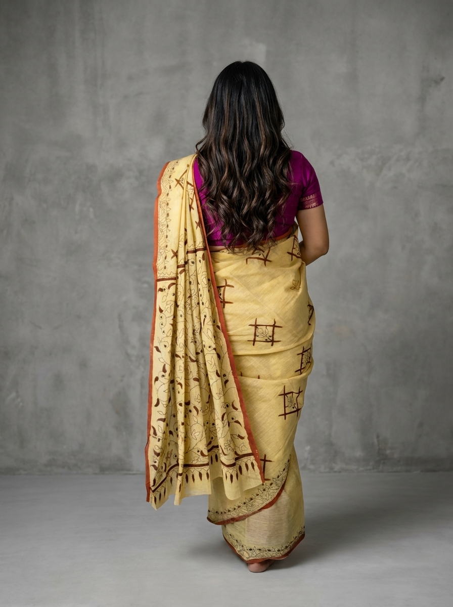 Butter Yellow Kantha Print Linen Saree - Image 4
