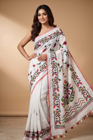 Linen Embroidery Saree White