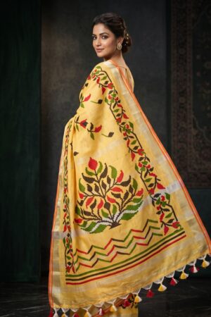 Linen Embroidery Saree Yellow